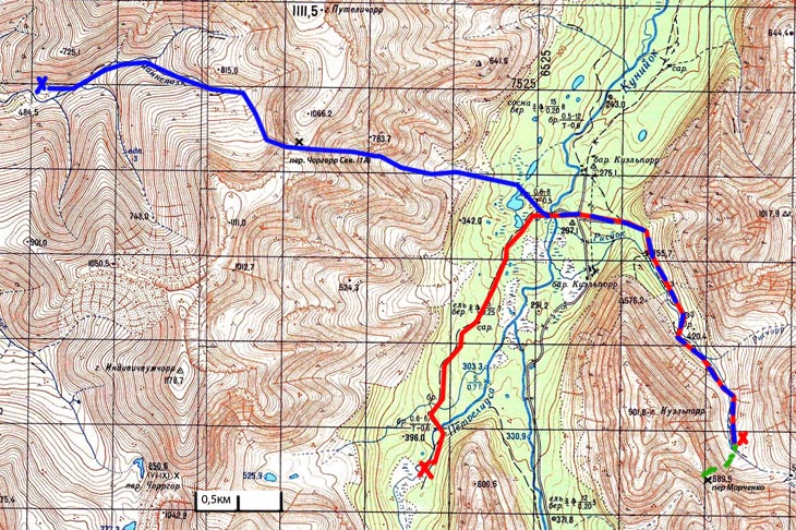 Карта Хибин, долина Кунийок, перевал Чорргор Сев., перевал Марченко