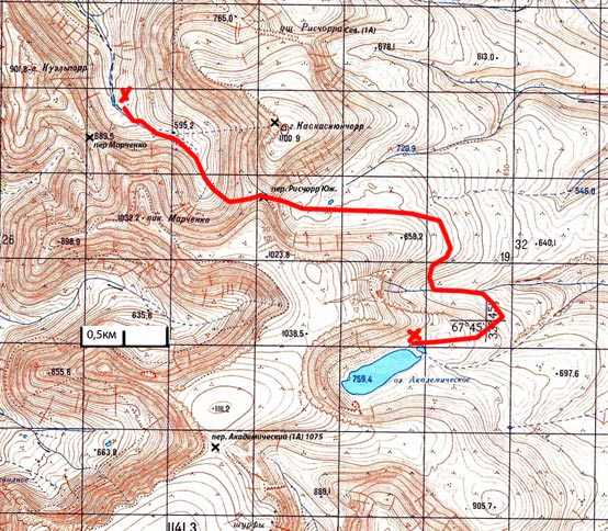 Карта Хибин, перевал Рисчорр Южный, оз. Академическое