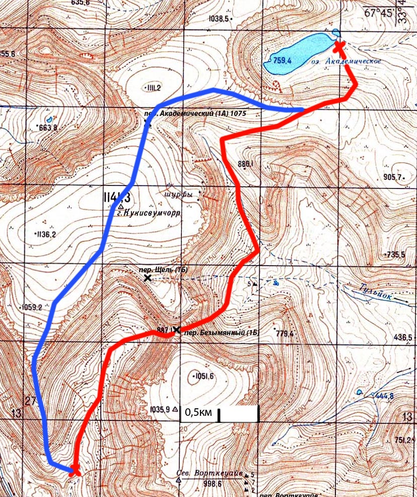Карта Хибин Перевал Безымянный - озеро Академическое
